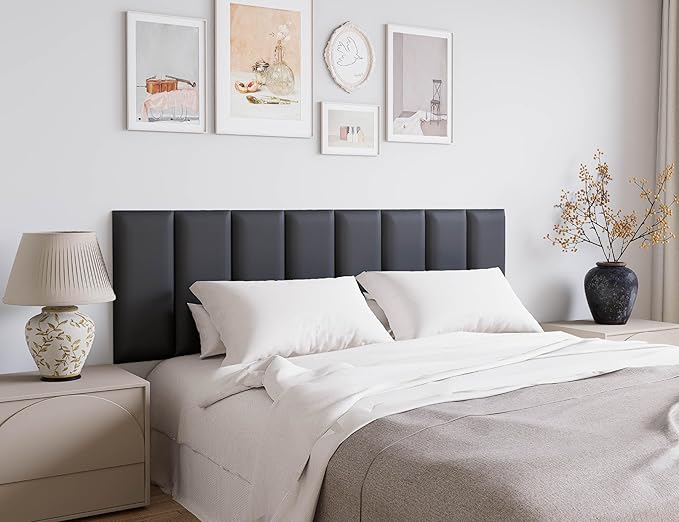 Peel and Stick Upholstered Headboard Panels for Full Size Bed, 6-Pack Wall Mounted Padded Tufted Panels, Anti-Collision Soundproof Fabric Bed Backboard, 10"x24" Each, Bedroom Decor, Black