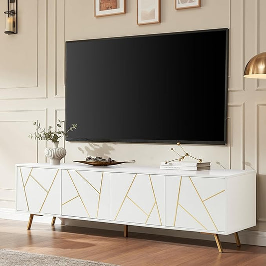 EDYO LIVING Mid Century Modern TV Stand for 75" TV, Wood Entertainment Center with Storage Cabinet, Media TV Console for Living Room and Bedroom, White