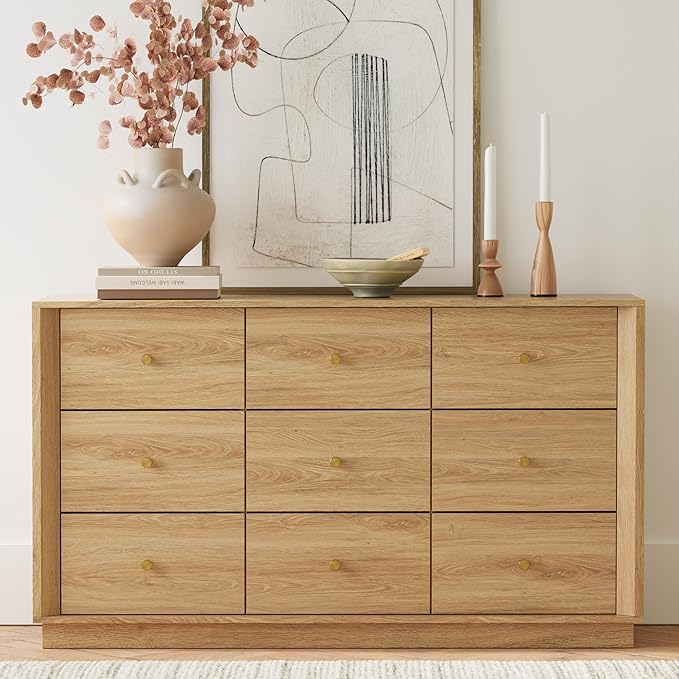 9 Drawer Dresser, Mid Century Modern Dresser with Storage, 55" Wide Chest of Drawers with Wood Grain Texture, Drawers Organizer for Bedroom, Living Room, Hallway, Gold Oak