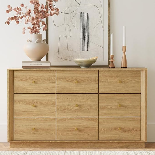 9 Drawer Dresser, Mid Century Modern Dresser with Storage, 55" Wide Chest of Drawers with Wood Grain Texture, Drawers Organizer for Bedroom, Living Room, Hallway, Gold Oak