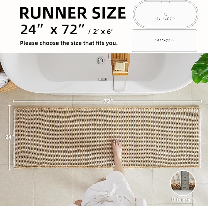 Waffle Runner Rug Bathroom, Long Boho Bathroom Rugs Non Slip Washable Super Absorbent Quick Dry Farmhouse Bath Decor, 72"x24" Khaki and White