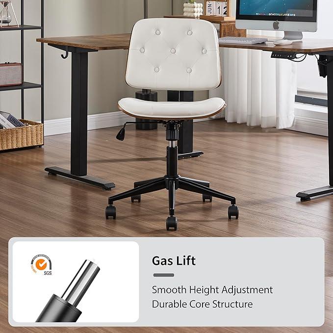 Small Home Office Chair - Armless Mid Back Desk Chair with 360° Swivel and Wheels, PU Upholstered Height Adjustable Modern Walnut Computer Chair for Home, Office Meeting Room - White