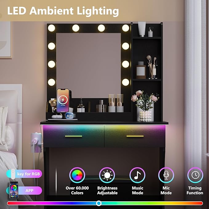 Black Vanity Mirror with Lights Desk and Chair, Small Makeup Vanity Set with Charging Station, Dressing Table with 2 Large Drawers, RGB Ambient Light, 3 Lighting Modes & Adjustable Brightness
