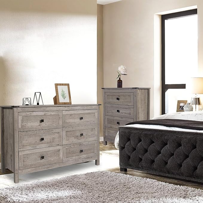 Farmhouse 6 Drawers Dresser and 2pcs 4 Drawer, Wood Double Dresser Chest of Drawers Wide Storage Organizer Cabinet for Bedroom, Living Room, Rustic Gray