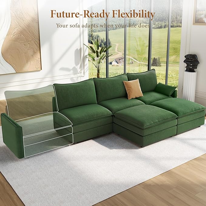 Vesgantti 108" U Shaped Sectional Couch, Comfy Cloud Modular Sectional Sofa with 2 Ottoman Deep Seat Chenille Modern Cloud Sofa, Modular Sofas for Living Room, Bedroom and Apartment, Green