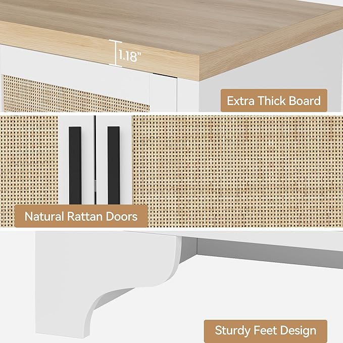 GAOMON TV Stand for TVs Up to 70'', Natural Rattan Entertainment Center with Storage Cabinets, Boho Media Console Table for Living Room, Farmhouse Cabinet, White