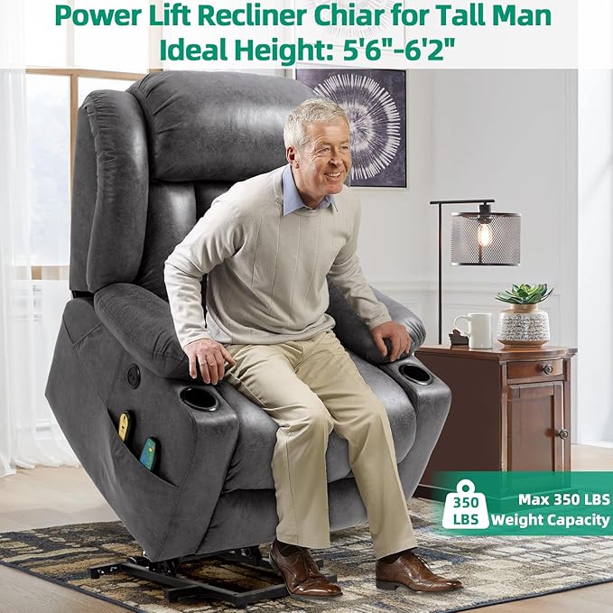VIVIJASON Tall Man Large Power Lift Recliner Chair with Massage and Heat for Elderly, Overstuffed Wide Electric Lift Recliner with Extended Footrest, 2 Cup Holder, Side Pockets & USB Ports (Grey)