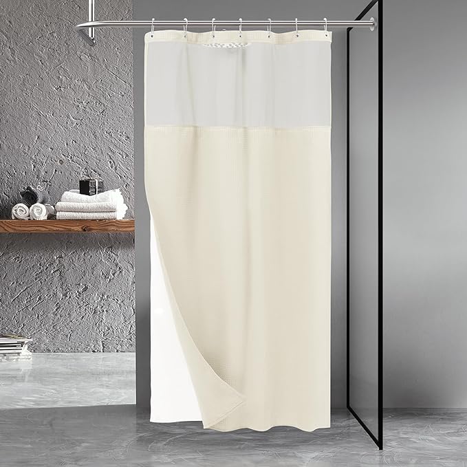 N&Y HOME Stall Waffle Weave Shower Curtain with Snap-in Fabric Liner & Hooks Set - 36" x 72" Small Shower Stall Size, Hotel Style & Mesh Top Window, Machine Washable - 36x72, Cream