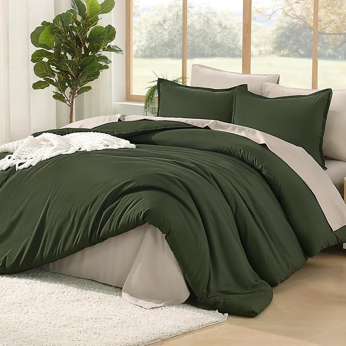 Litanika Comforter Full Size Set Olive - 7 Pieces Bed in a Bag Full Beddding Comforter Sets, Plain Lightweight Bed Set with Comforter, Sheets, Pillowcases & Shams