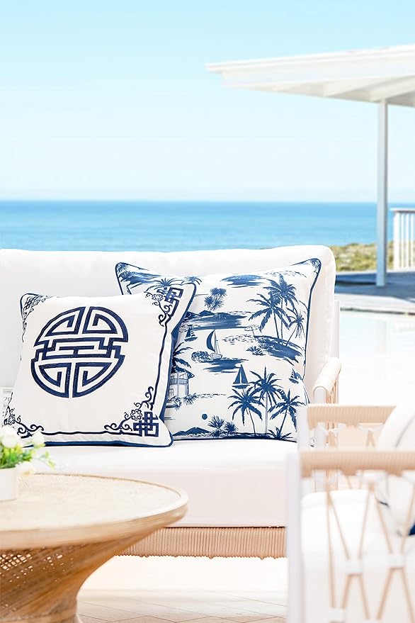 Hofdeco Premium Coastal Hampton Style Patio Indoor Outdoor Throw Pillow Cover Only, 18"x18" Water Resistant for Backyard, Couch, Navy Blue Embroidered Longevity Symbol