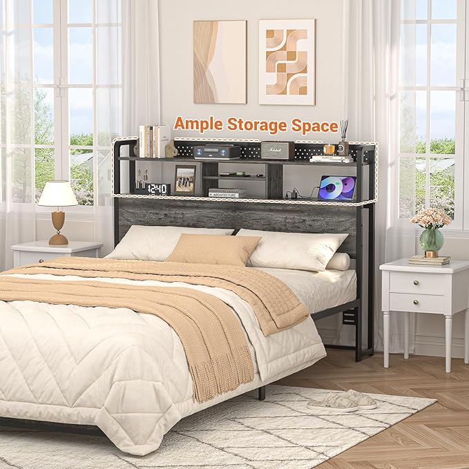 Unikito Headboard for Queen Size Bed with Storage Shelf, Head Board with 3 Outlets and 2 USB Ports, Headboards with RGB LED Light, Height Adjustable, Sturdy and Stable, Easy Assembly, Black Oak