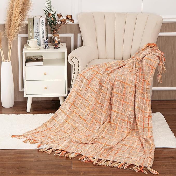 Gealaek Boho Throw Blanket Lightweight Fuzzy Soft Cozy Decorative Blankets for Sofa Bed Farmhouse Throw Blanket Mexcican Blanket with Tassel Khaki Orange Yellow Textured 50" x 60"