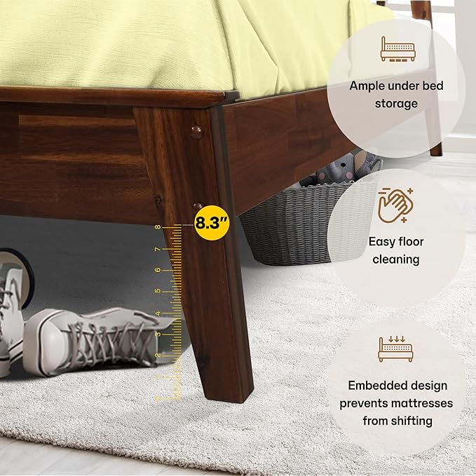 Acacia Kaylin King Size Bed Frame with Headboard, Queen Bed Frame with Headboard 800 lbs Capacity Natural Wood Bed All Mattress Support & No Box Spring Needed, Wood Slats Support, Chocolate.