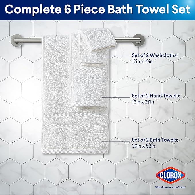 CLOROX Bleach Friendly Towel Set, Quick Dry 100% Cotton Highly Absorbent Lightweight, 2 Bath, 2 Hand, 2 Washcloth Towels Ideal for Everyday Use (6 Pack, White)