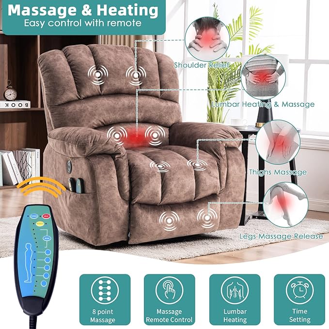 MEETWARM Large Power Lift Electric Recliner Chair with Massage and Heat, Overstuffed Wide Recliner for Elderly Big People, Plush Fabric Recliners with 2 Remote Controls, USB Ports, Side Pockets（Brown）