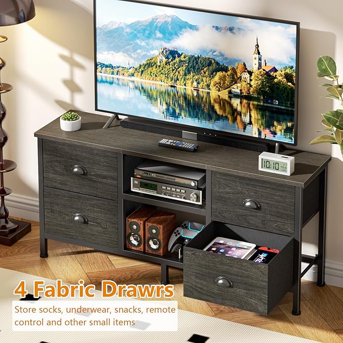 Furologee TV Stand with 4 Drawers, 43 inch Entertainment Center with Open Shelves, Media Center for 50" TV, Television Stand for Bedroom, Living Room/Light Black Oak