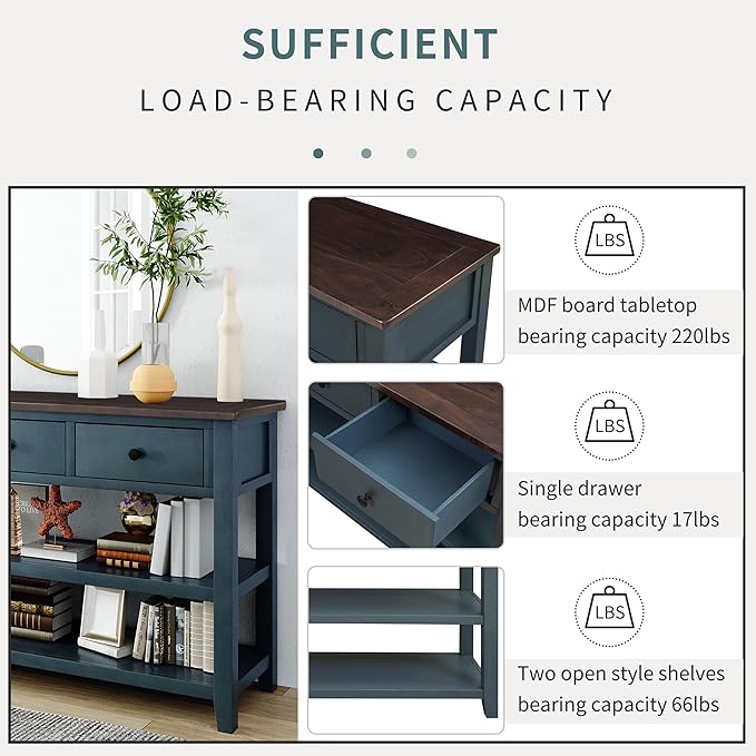 Knocbel Entryway Console Table with 3 Drawers and Open Shelves, Entry Hallway Foyer Sofa Long Table, 220lbs Weight Capacity, 50" L x 16" W x 30" H (Navy)
