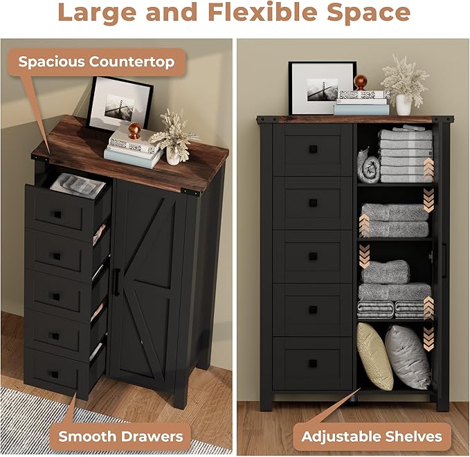 Farmhouse Tall Dresser Chest of Drawer for Bedroom, 5 Drawer Storage Cabinet with Barn Door, 48 Inch Tall Wood Dresser, Adjustable Shelves, Rustic, for Living Room, Entryway, Hallway