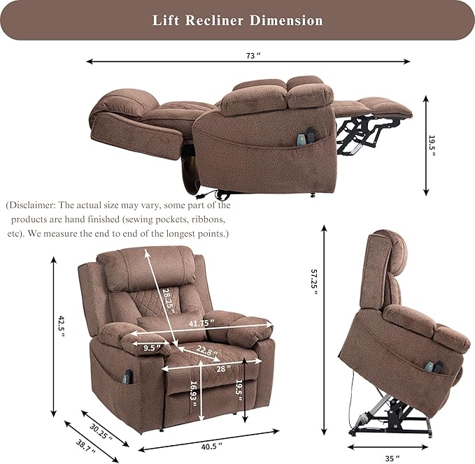 Big Man Power Lift Recliner for Elderly Adults 28 Inch Wide Seat, Lay Flat Lift Chair with Heat Massage, Flip Arm Storage Cup Holders, USB Type C Charging, 400 lbs