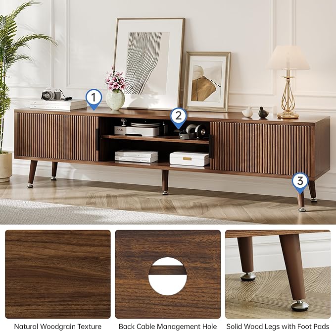 Mid Century TV Stand, Modern TV Console for TVs up to 70 Inches, Entertainment Center with Storage, TV and Media Consol, 62 Inch (Walnut)