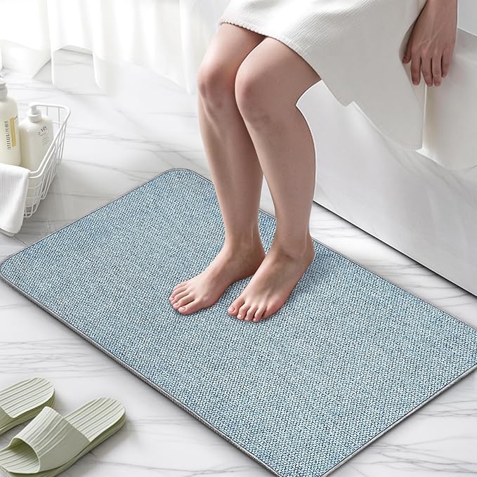 Upgraded Thin Bathroom Rugs, Bath Mat Super Absorbent, Bath Rugs Rubber Backing Non-Slip, Quick Dry Machine Washable, Cozy Cloth Bathroom Mat fit Under Door/Sink/ Bathtub/Floor/Shower 24''x48''-Blue
