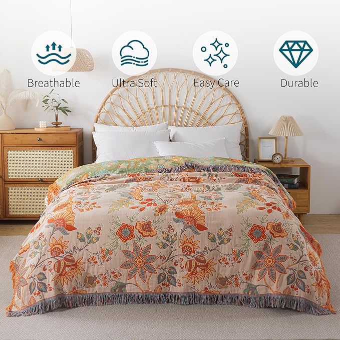 Boho Throw Blanket for Bed-100% Cotton Soft Breathable Farmhouse Decor Boho Quilt for Sofa (Boho Flowers, 60"x80")