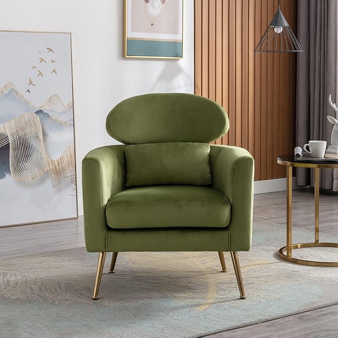 Accent Chair Upholstered Barrel Arm Chair for Living Room Bedroom Reception Room Office, Modern Soft Padded Single Sofa Chair with Golden Legs & Lumbar Pillow, Velvet Green