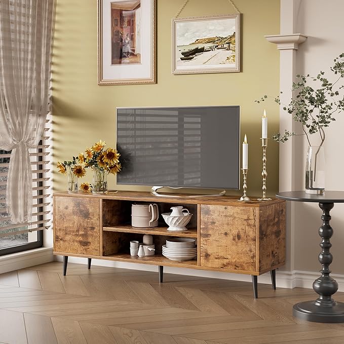 JUMMICO TV Stand for 65 Inch TV, Mid Century Modern TV Stand, Entertainment Center with Storage Cabinet and Open Shelves, TV Console Table Media Cabinet for Living Room, and Bedroom (Rustic Brown)