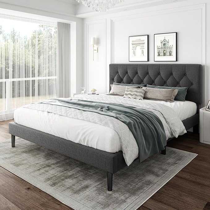 King Size Platform Bed Frame with Upholstered Headboard, Button Tufted Design, Strong Wooden Slats, No Box Spring Needed, Easy Assembly, Noise Free