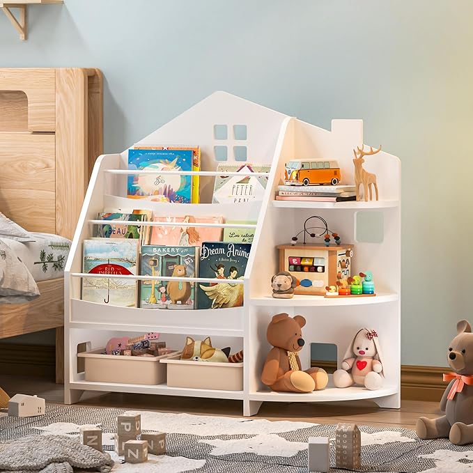3 Tier Kids Bookshelf Bookcase, House Shape Book Shelf for Kids Rooms Nursery, Montessori Bookshelf, Kids Book Shelf and Toy Storage for Toddler Children, White