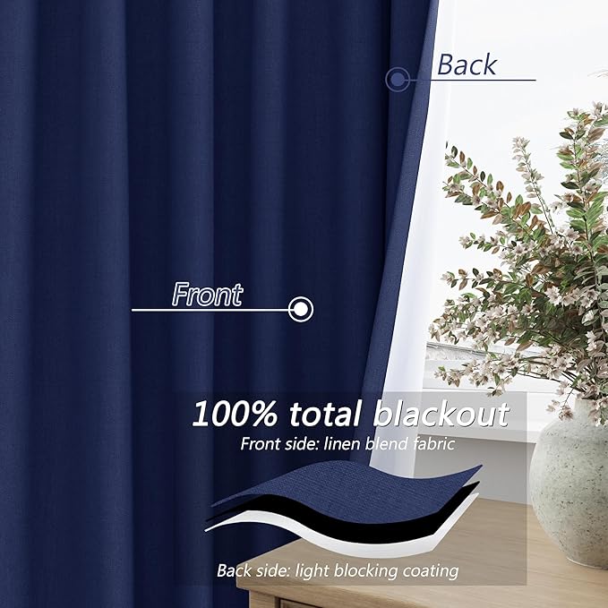 Guken Blackout Curtains 102 Inch Length 2 Panels Set for Living Room Bedroom Back Tab Thermal Insulated 100% Black Out Linen Drapes Room Darkening Window Curtains 102 Inches Long,Classic Blue