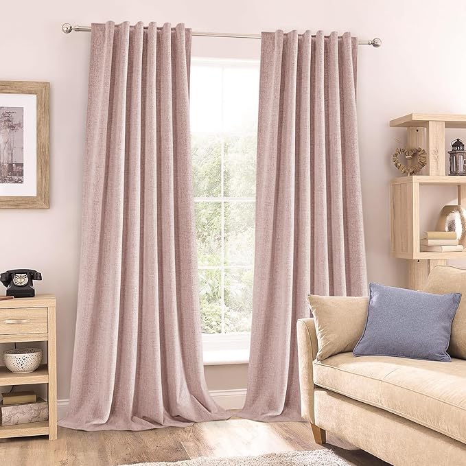 100% Blackout Blush Pink Linen Curtains 96 inch Length 2 Panels Set for Baby Bedroom Back Tab/Rod Pocket Thermal Insulated Black Out Linen Drapes Girls Room Darkening Window Curtains 8 FT