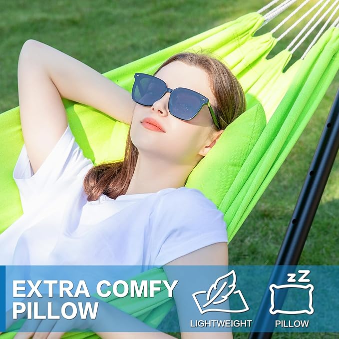 PNAEUT Double Hammocks with Stand for Outside, Portable Space Saving Heavy-Duty Steel Stand for Indoor Outdoor Patio with Carrying Bag, 450 lbs Capacity (Green)