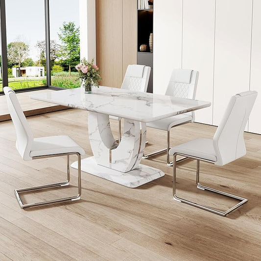 Dining Table Set for 4, Kitchen Table Chairs Set of 4, Modern Dining Room Set with 63 inch Marble Dinner Table PU Leather Upholstered Chairs for Dining Room Kitchen