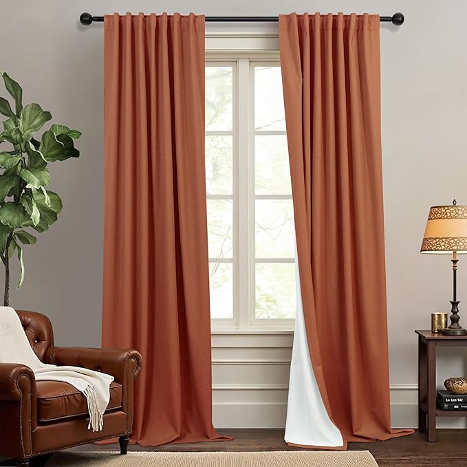 Terracotta Blackout Curtains for Living Room 2 Panel 84 Inches Long Back Tab Pocket Black Out Linen Burnt Orange Rust Drapes for Bedroom Darkening Thermal Insulated Boho Farmhouse Fall Decor 84 Length