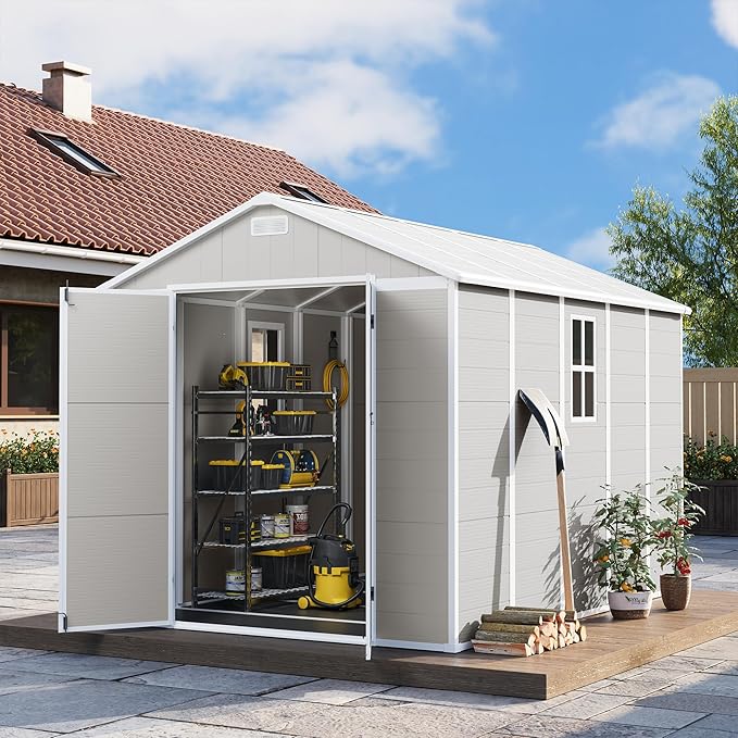 UDPATIO Outdoor Storage Shed 8 x 10 FT, Resin Garden Sheds with Floor Plastic Patio Outdoor Storage with Lockable Door for Tool, Bike, Garbage Sandstone