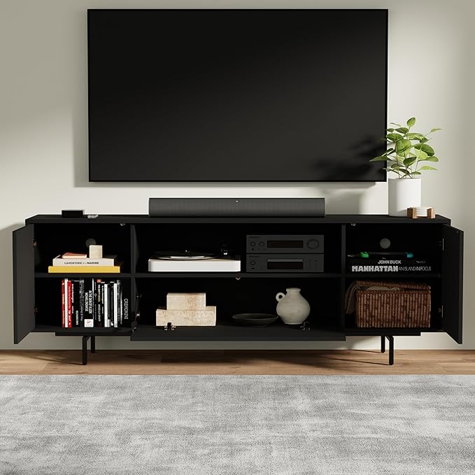Norrhaus 75-Inch Modern TV Stand – Black Finish, 26-Inch Height, No Tools Assembly Technology, Storage Cabinets with Center Channel Speaker Shelf, Mid-Century Modern Design