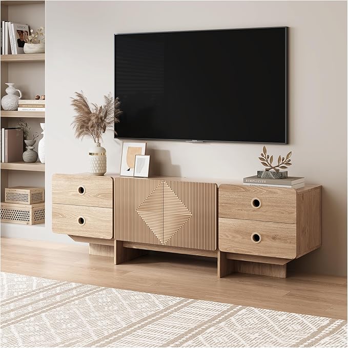 66" Fluted TV Stand, Boho TV Consoles for Living Room, Modern Entertainment Center with Storage, Media Console Cabinet for 75 inch TV(Oak)