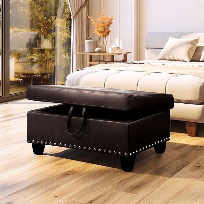 Ottoman Rectangular Storage Ottoman Bench, Faux Leather Footrest, Coffee Table, Stool Footstool with Hinged Lid for Living Room, Bedroom, Entryway, Brown, 28.5"x19"x17.5"