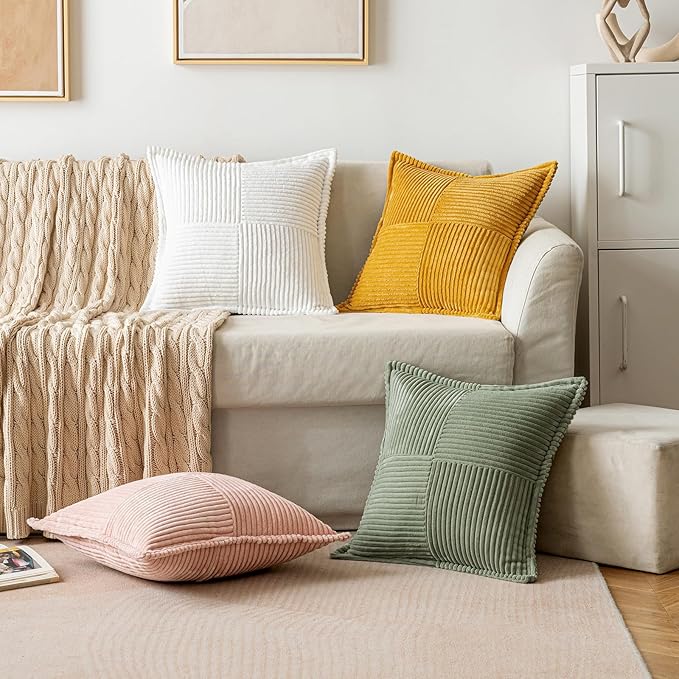 MIULEE Decorative Throw Pillow Covers for Couch Bed Livingroom 16x16 Inch Set of 2 Light Olive Green Boho Accent Throw Pllows Broadside Striped Patchwork Soft Corduroy Summer Pillowcases