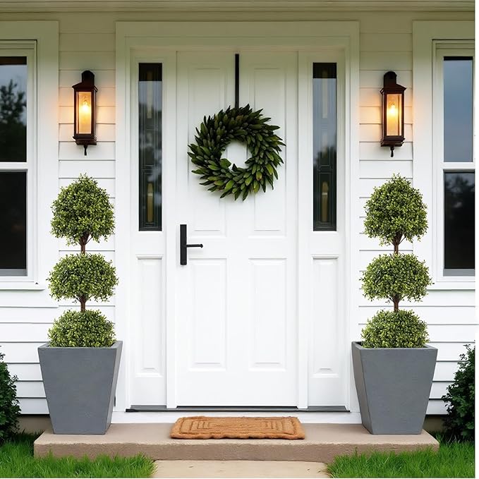 THE BLOOM TIMES 55" Tall Artificial Boxwood Triple Ball Topiary Trees, UV Resistant Large Fake Potted Plants for Outdoor Planter, Realistic Faux Bushes Shrubs for Front Porch Outside Decor Set of 2