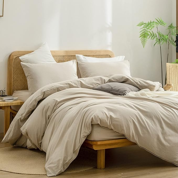 BESTOUCH Duvet Cover Set 100% Washed Cotton Linen Feel Super Soft Comfortable Chic Lightweight 2 PCs Home Bedding Set Solid Almond Milk Grey Twin/Twin XL