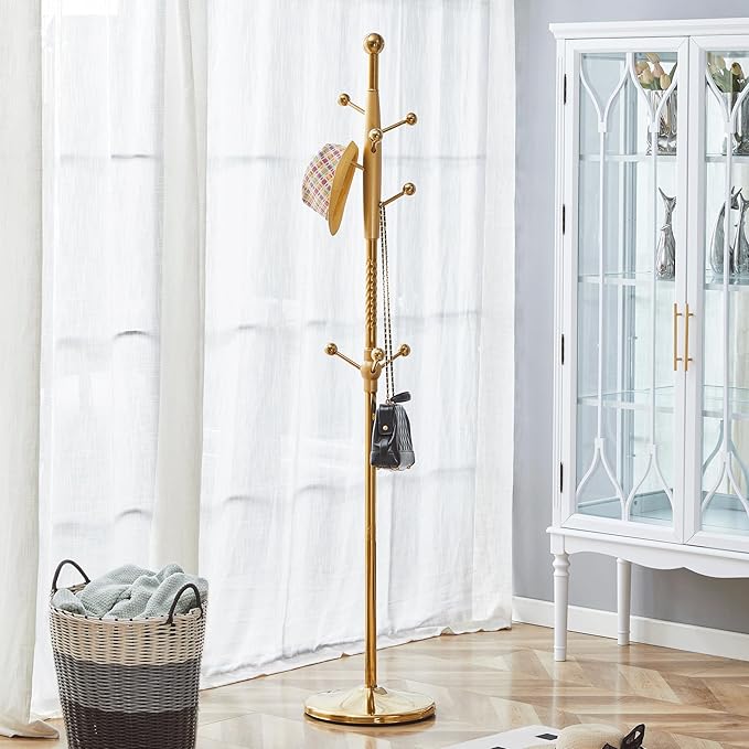 Solid Wood Coat Rack Freestanding, 77" Adjustable Hall Tree Hanger With Hooks, Coat Hanger Stand for Hanging Clothes Bags Hats in Living Room Bedroom