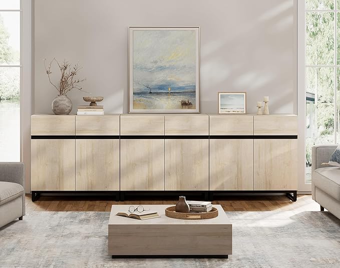 WAMPAT Modern TV Stand for TVs Up to 110 Inch, 3 in 1 Wood Entertainment Center Console Table With Adjustable Shelves and Metal Base for Living Room, Bedroom, Light Oak