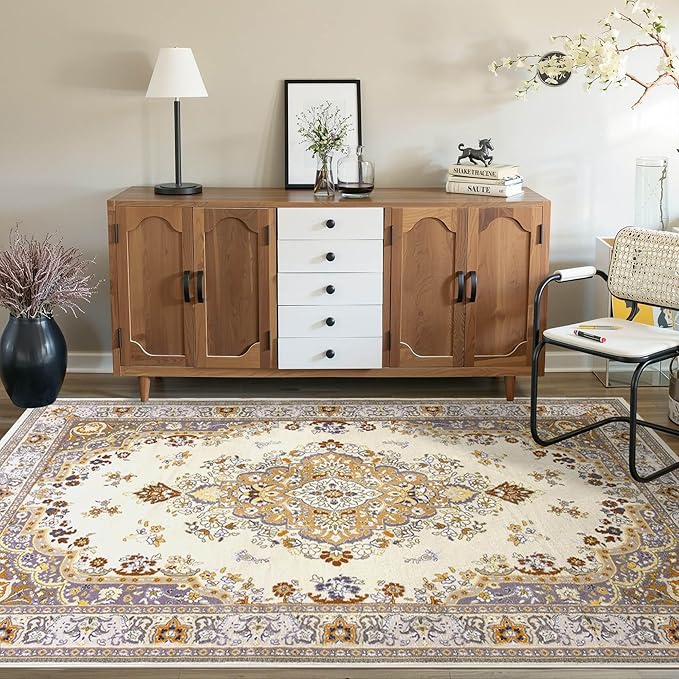 Vintage Area Rug 5x8 Rugs, Machine Washable Vintage Area Rug Non-Slip Low Pile Large Rug for Living Room, Bedroom, Farmhouse, Dining Room, Beige