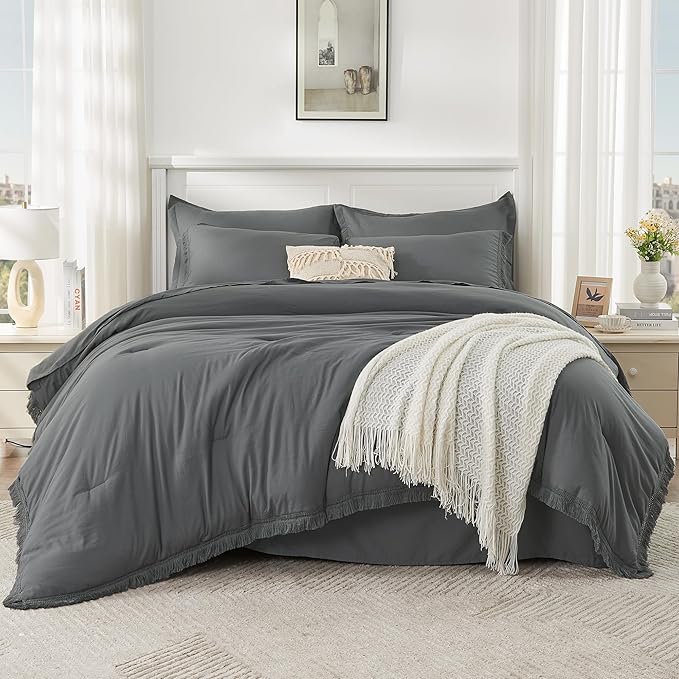 Andency California King Size Comforter Set with Sheets Dark Grey - 7 Pieces Cal King Bed in a Bag Boho Bedding Sets, Dark Grey Bed Set with Comforter, Sheets, Pillowcases & Shams
