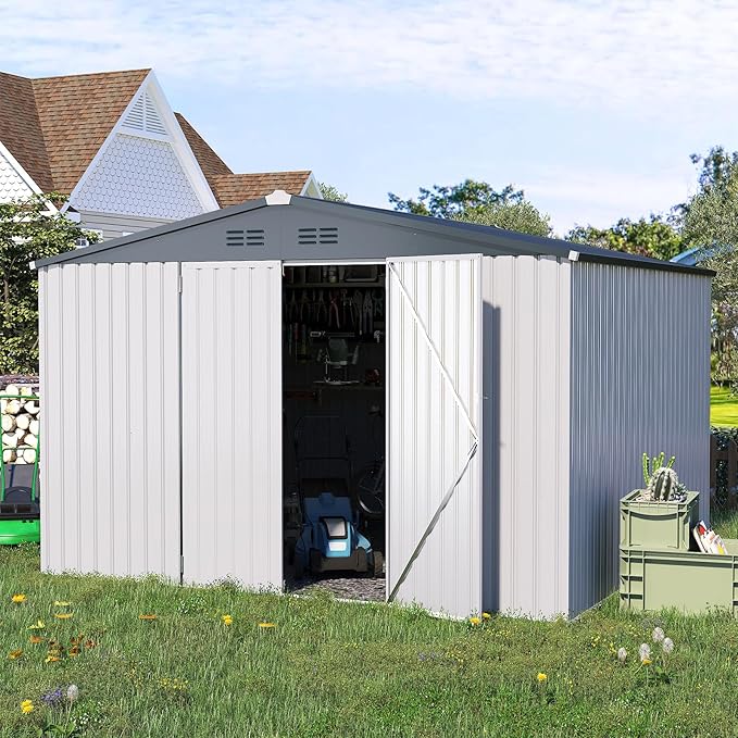 ACOJOY 10'x10' Shed, Large Metal Storage Sheds & Outdoor Clearance, Steel Backyard Shed with Lockable Doors, Utility and Tool Storage for Garden, Patio, Outside Use in White