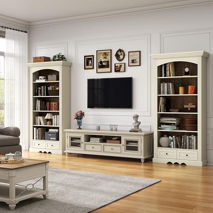 71’’ Tall Arched Bookcase with Stroage of 2 pcs, Farmhouse 5-Tier Arch Bookshelf with Drawers, Freestanding Book Shelf with Adjustable Shelf and Roman Column Pattern for Home Office (2, White)