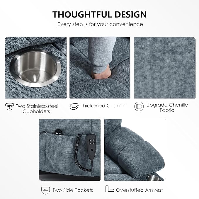 Oversized Recliner with Massage and Heating, Power Lift Chairs for Elderly, Extra Wide Recliner Chair for Living Room with Cup Holders, Dual Motor, Chenille Fabric - Grayish Blue
