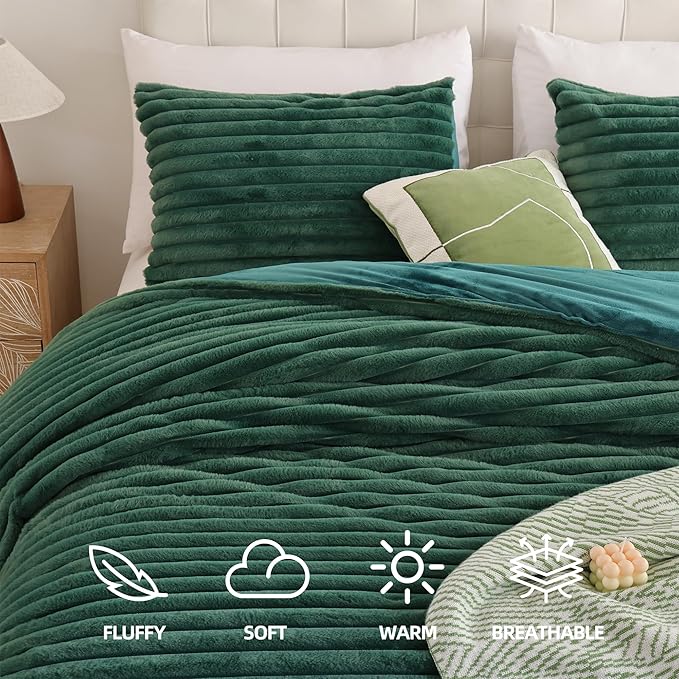 Smoofy Fluffy King Size Comforter Set 3 Pieces - Dark Green Fleece Fluffy Comforter Set, Luxury Fuzzy King Bedding Set, Soft King Bed Set All Season, Heavy Faux Fur Comforter with 2 Pillow Cases
